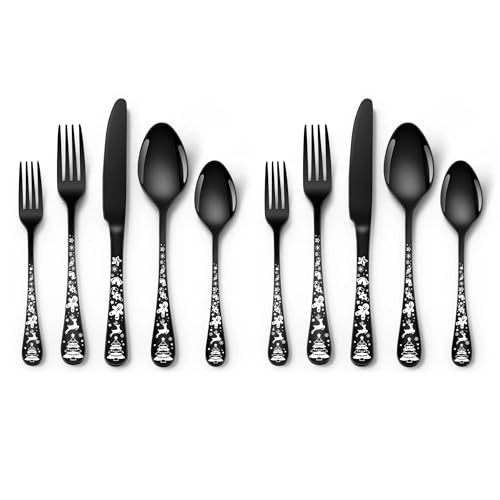 KitchEase Cutlery Set 10-Piece | 4 Spoons, 4 Forks, 2 Steak Knife with Festive Printed Handle | SUS410 Stainless Steel for Dinner Table & Christmas Celebration Gifting (Black) - Image 1