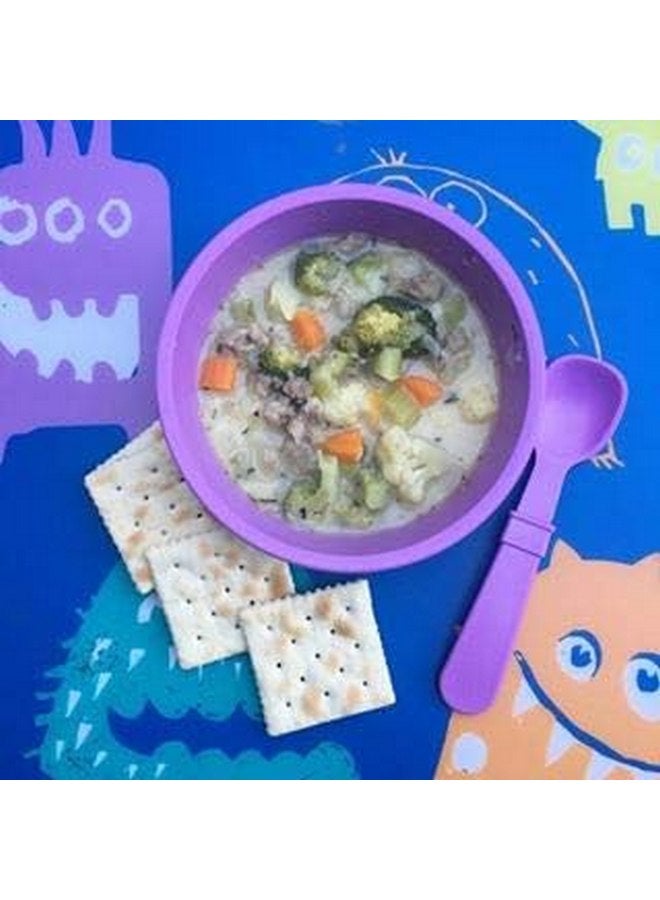 ري بلاي طقم عشاء للأطفال الصغار من Re-Play مصنوع في الولايات المتحدة الأمريكية - كوب مفتوح سعة 10 أونصة، طبق مسطح مقاس 7 بوصات، وعاء سعة 12 أونصة، شوكة ذات طرف دائري وملعقة عميقة - طقم عشاء بلاستيكي آمن للاستخدام في غسالة الأطباق/الميكروويف - أرجواني - Image 4