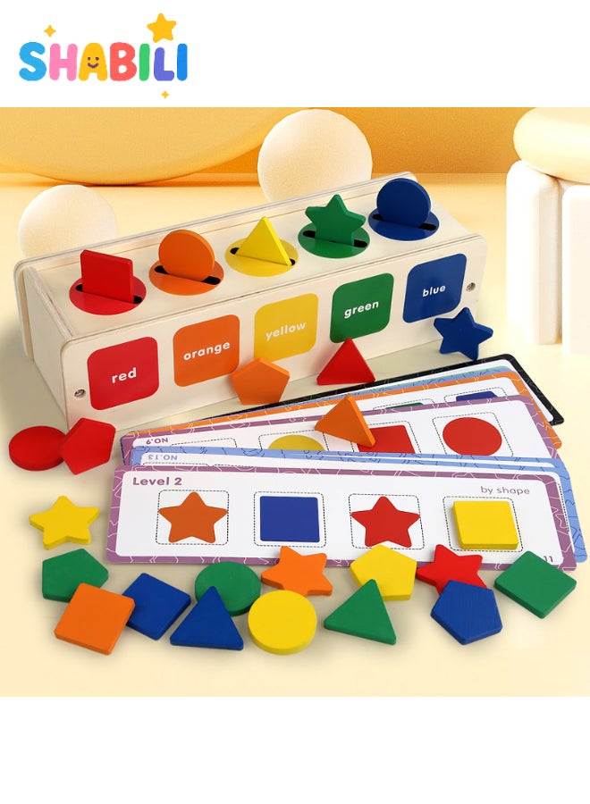 SHABILI Wooden Shape Sorting Box Montessori Educational Toy for Kids with 25 Blocks & 12 Cards – Color Shape Matching Puzzle for Toddlers – For Kids 12 Months and Up - Image 1