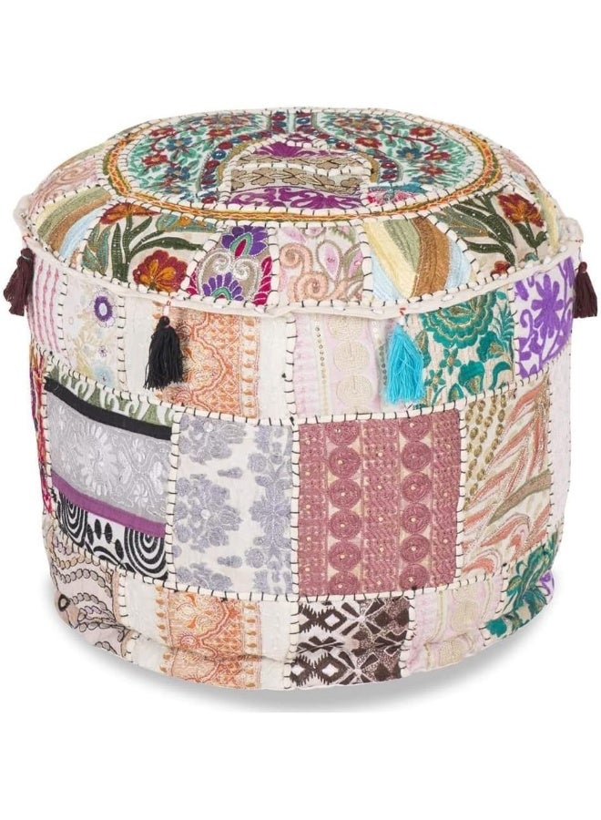 Aakriti Gallery Indian Pouf Footstool Ethnic Embroidered Pouf Cover, Indian Cotton Round Pouffe Ottoman Pouf Cover Pillow Ethnic Decor Art - Cover Only (White, 18X13)  - Image 1