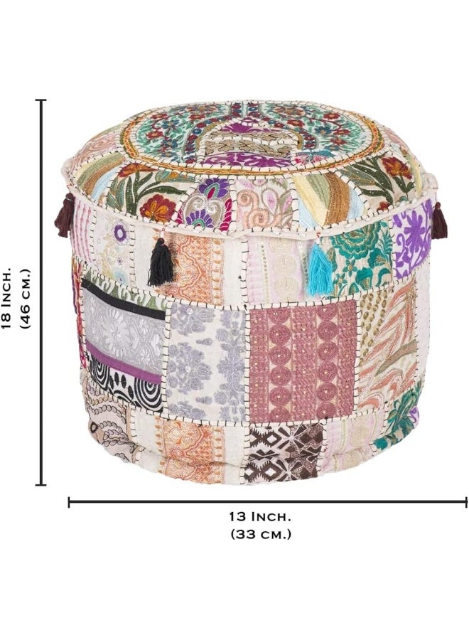Aakriti Gallery Indian Pouf Footstool Ethnic Embroidered Pouf Cover, Indian Cotton Round Pouffe Ottoman Pouf Cover Pillow Ethnic Decor Art - Cover Only (White, 18X13)  - Image 3