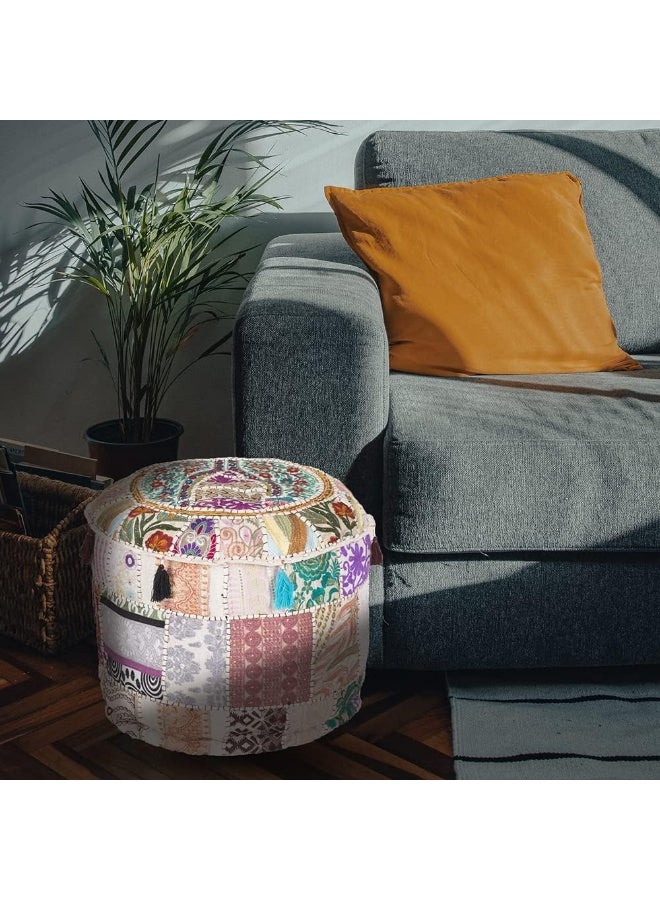 Aakriti Gallery Indian Pouf Footstool Ethnic Embroidered Pouf Cover, Indian Cotton Round Pouffe Ottoman Pouf Cover Pillow Ethnic Decor Art - Cover Only (White, 18X13)  - Image 2