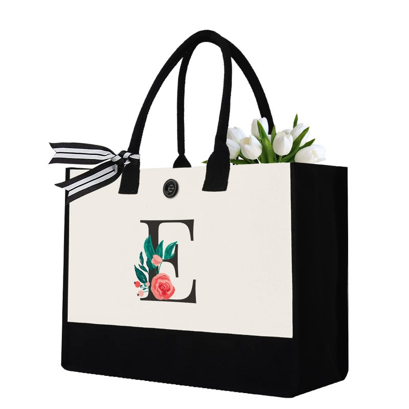 Initial Canvas Tote Bag Personalized Birthday Gifts for Women Mom Friends Teachers Monogrammed Tote Bags Suitable for Mothers Day Wedding Beach Letter E
