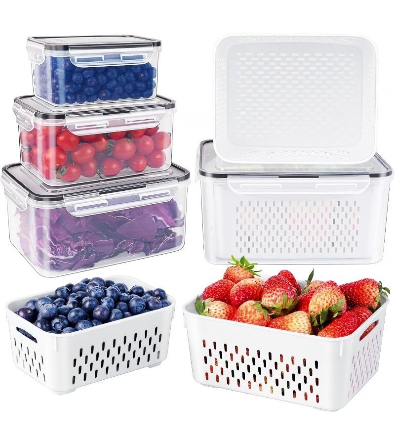 Gray 6pcs Large Capacity Fruit Storage Containers With Colander Airtight Dishwasher Safe - Image 1