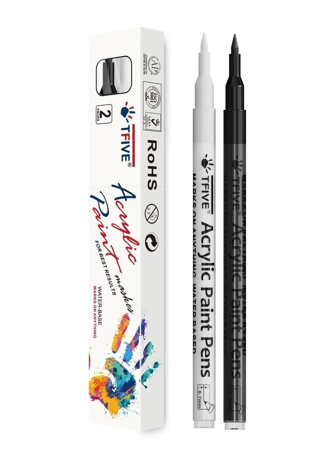 TFIVE White&Black Paint Marker Pens - 2 Pack Acrylic Permanent Marker, 0.7mm Extra Fine Tip Paint Pen for Art Projects, Drawing, Rock Painting, Ceramic, Glass, Wood, Plastic, Metal, Canvas DIY Crafts - Image 1