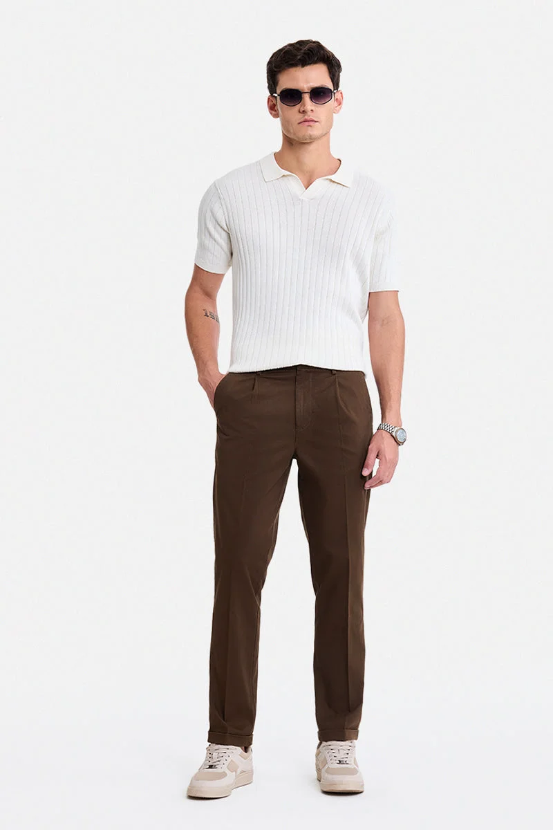 سنيتش Brown Solid Slim Fit Casual Chinos