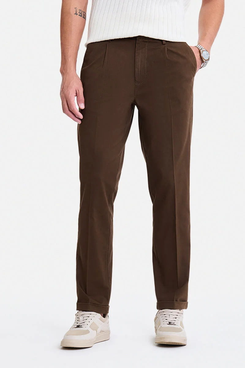 سنيتش Brown Solid Slim Fit Casual Chinos