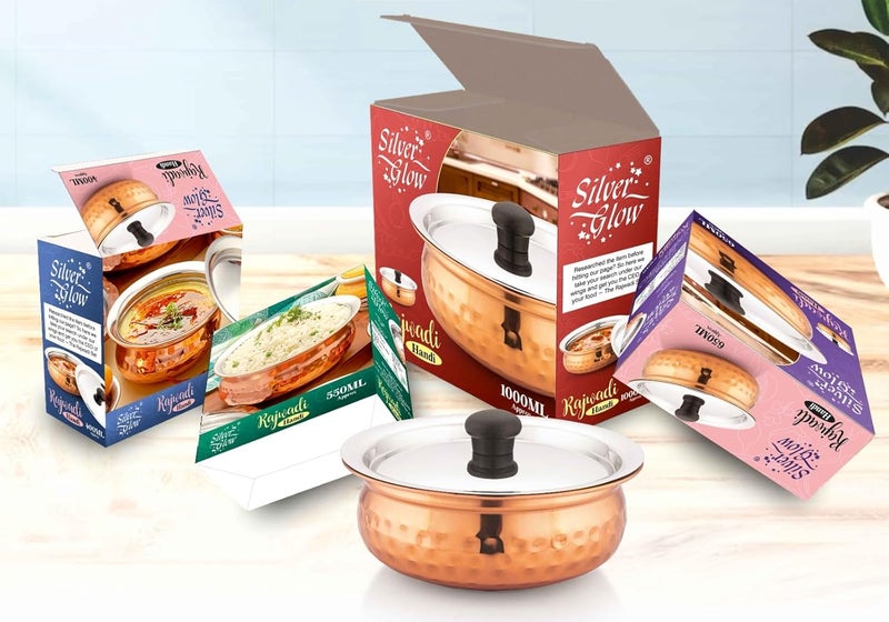 Silver Glow وعاء تقديم فضي متلألئ مطلي بالنحاس من الفولاذ المقاوم للصدأ مع غطاء فولاذي لأطباق تقديم دجاج برياني وخضروات للأغراض المنزلية والفنادق والمطاعم سعة 1000 مل عبوة من 1 - Image 5