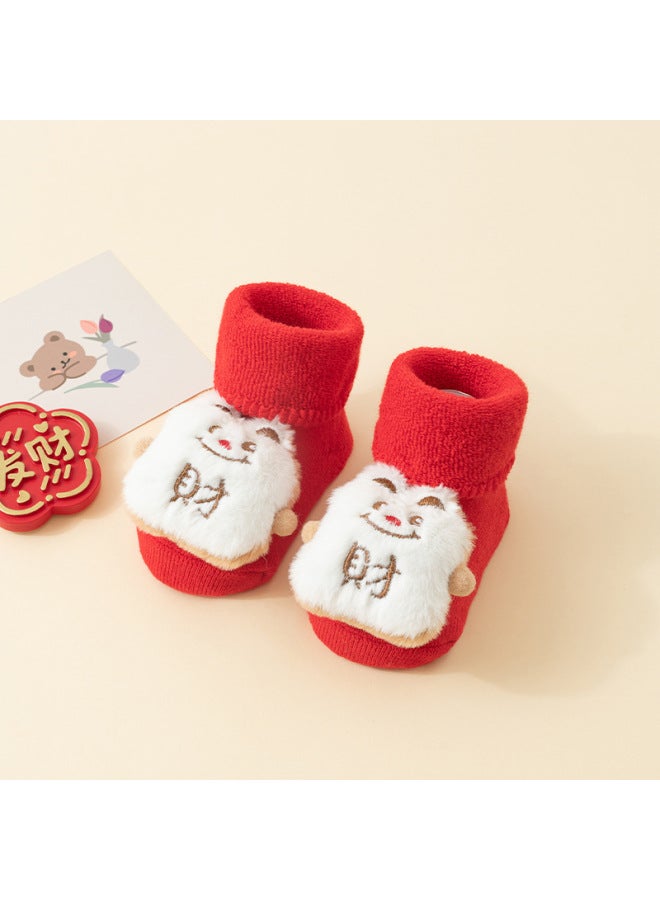 Baby Autumn Winter New Year Floor Socks Newborn Fleece-lined Thickened Terry Socks Baby Christmas Socks Cotton Red Warm