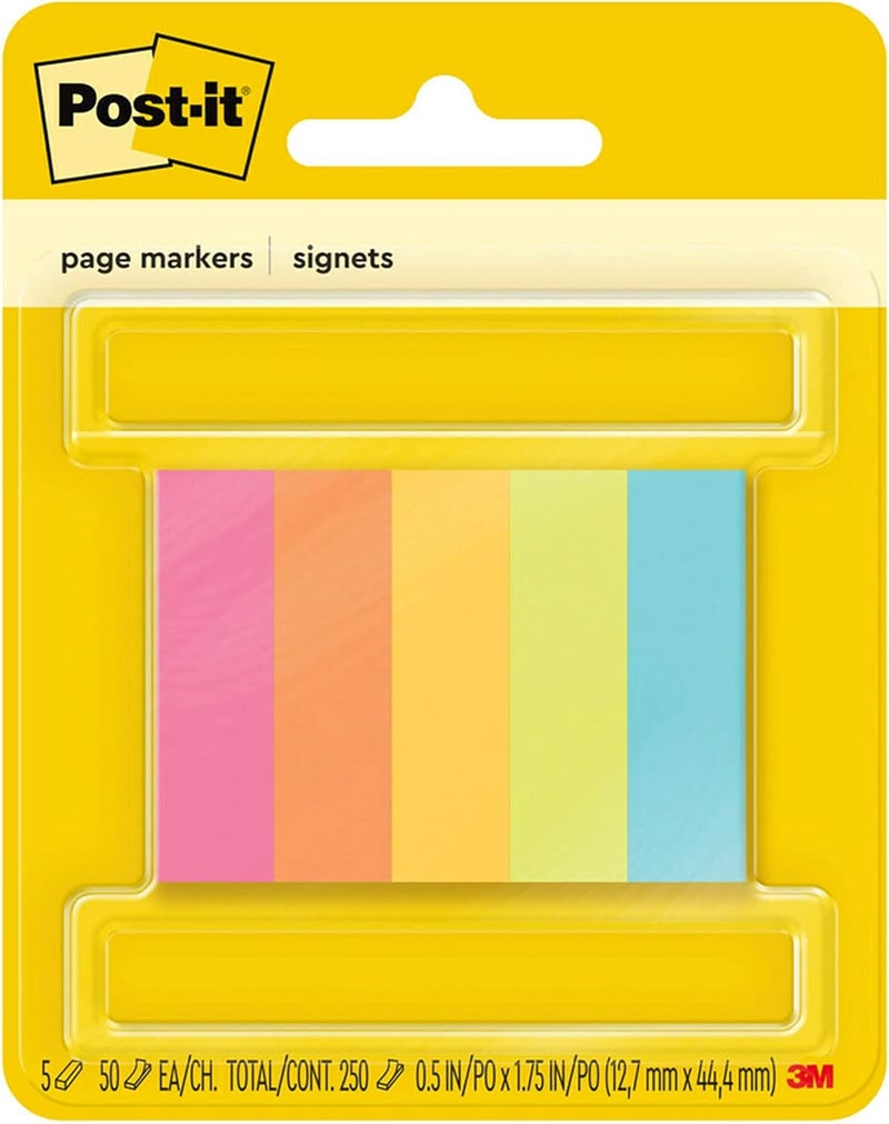 Post It Page Markers 0.5 x 1.75 in (12.7 x 44.4 mm) | Assorted colors | Mark, Highlight, Color Code | No damage | Page Markers | Book Tabs | Small Sticky Notes | 5 colors/pack - Image 1