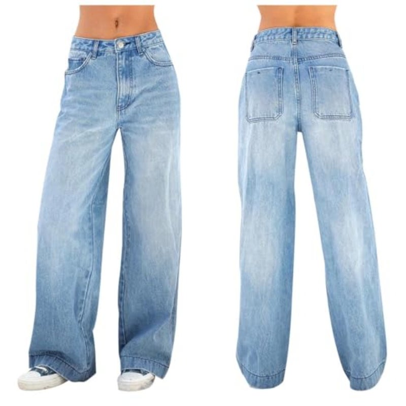 Winter casual high waist trousers for women, denim material, blue color, elegant vintage style with pockets and loose fit - Image 4