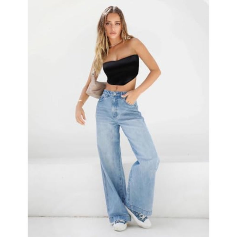 Winter casual high waist trousers for women, denim material, blue color, elegant vintage style with pockets and loose fit - Image 2