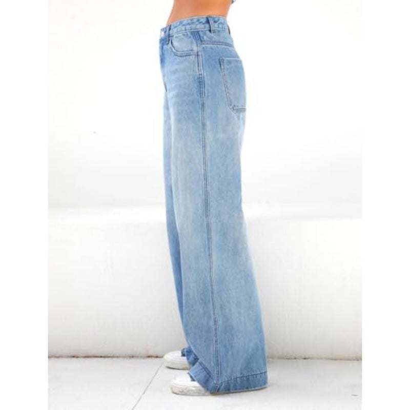 Winter casual high waist trousers for women, denim material, blue color, elegant vintage style with pockets and loose fit - Image 5