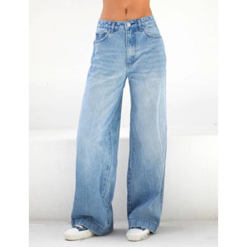 Winter casual high waist trousers for women, denim material, blue color, elegant vintage style with pockets and loose fit - Image 3