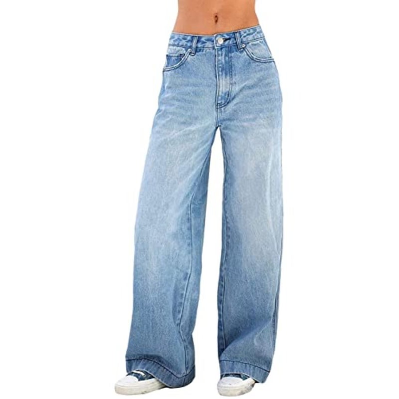 Winter casual high waist trousers for women, denim material, blue color, elegant vintage style with pockets and loose fit - Image 1