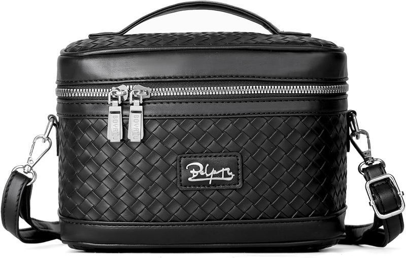 BOYATU Travel Makeup Bags Cosmetic Organizer Bag: Large Capacity Make up Bag Case with Mirror Set of 2 - Crossbody Toiletry Bag for Women (Black)