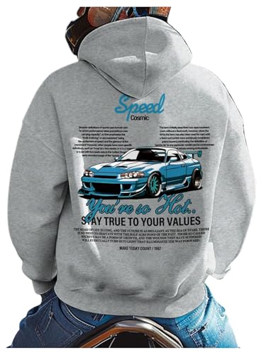 RoseSeek Mens Vintage Graphic Car Hoodies Long Sleeve Thermal Drawstring Hooded Sweatshirts Fall Pullovers Graphic Grey Large - Image 1