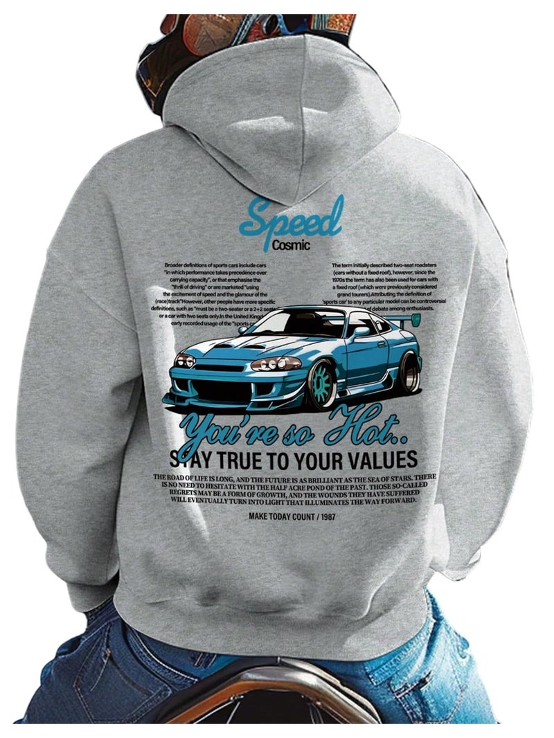 RoseSeek Mens Vintage Graphic Car Hoodies Long Sleeve Thermal Drawstring Hooded Sweatshirts Fall Pullovers Graphic Grey Large - Image 2