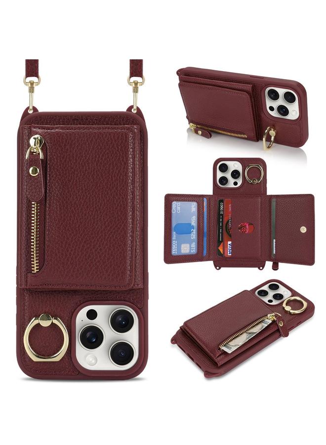 S-TOP Case For iPhone 15 Pro Max Crossbody Zipper Wallet Ring Holder Litchi Leather Phone Case - Image 1