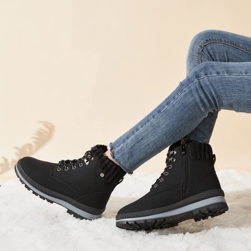 BABUDOG Womens Waterproof Ankle Boots for Outdoor (Non Slip Outsole),Fashion Combat Boots with Side Zipper,Warm Fur Lined Winter Snow Boots(Black.US8.5) - Image 2