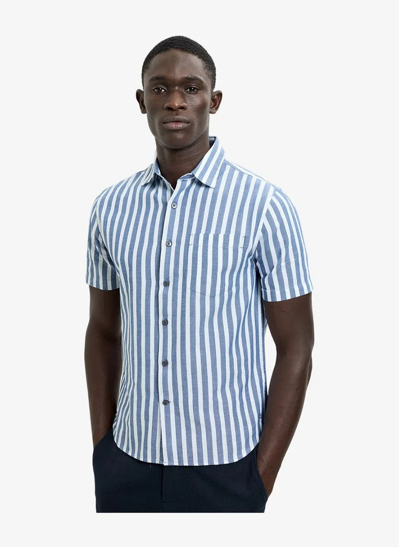 Short Sleeve Cotton Blue Striped Shirt