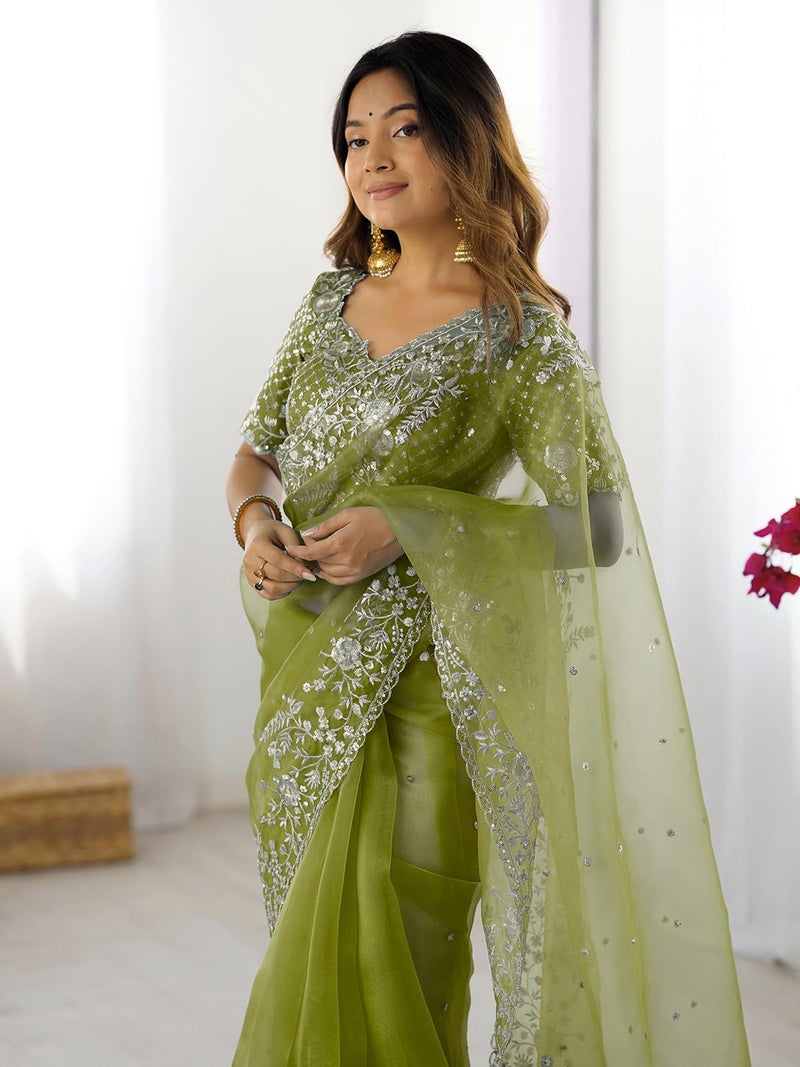Satrani Women'S Organza Sequin Embroidery & Scalloped Border Saree With Unstitched Blouse Piece (4472S121N_Green) - Image 2