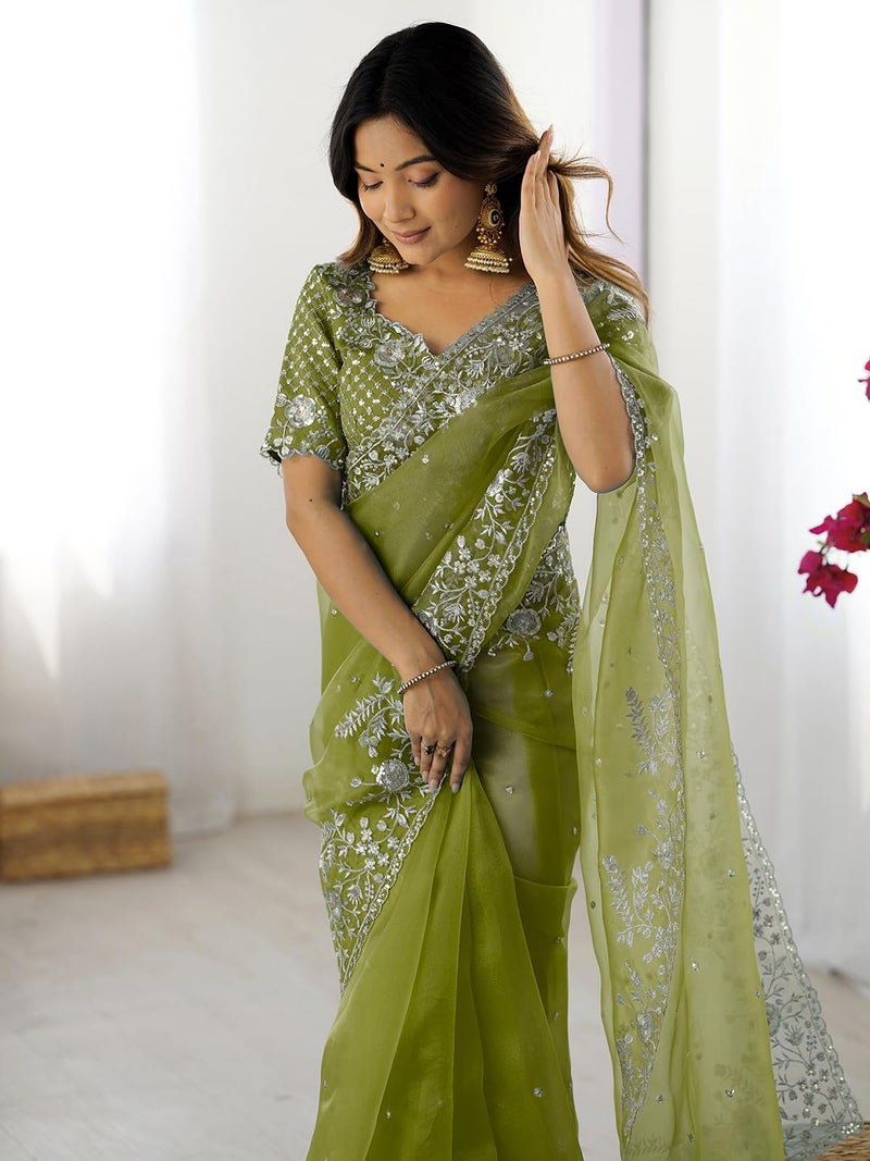 Satrani Women'S Organza Sequin Embroidery & Scalloped Border Saree With Unstitched Blouse Piece (4472S121N_Green) - Image 4
