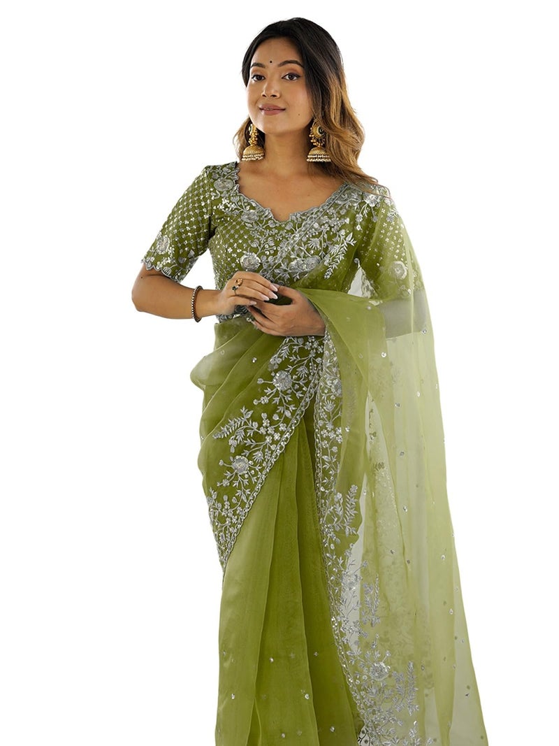 Satrani Women'S Organza Sequin Embroidery & Scalloped Border Saree With Unstitched Blouse Piece (4472S121N_Green) - Image 1