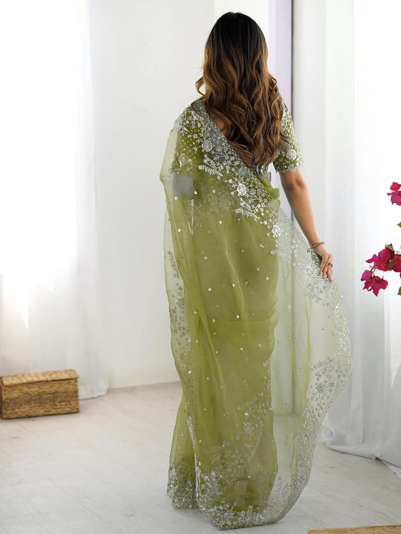 Satrani Women'S Organza Sequin Embroidery & Scalloped Border Saree With Unstitched Blouse Piece (4472S121N_Green) - Image 3