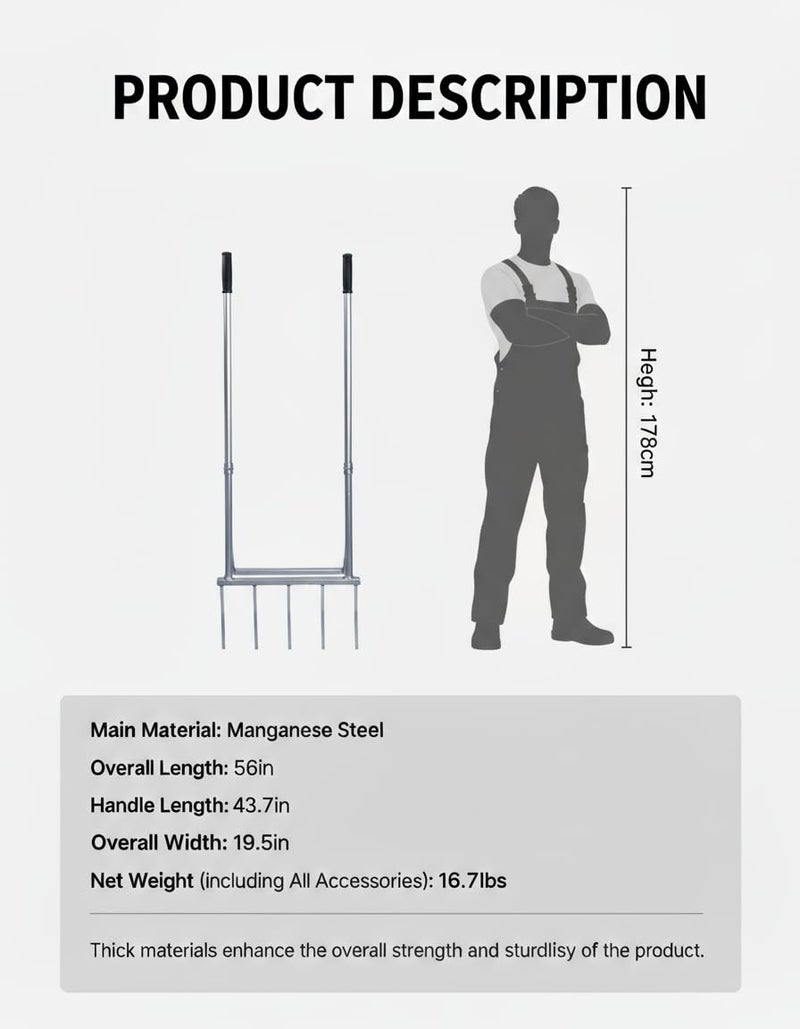 Mindoub 5-Tine Broad Fork Heavy Duty Garden Fork Built Tough for Lasting Durability Loosen and Aerate Clay Soil on Farms and in Home Gardens - Image 2
