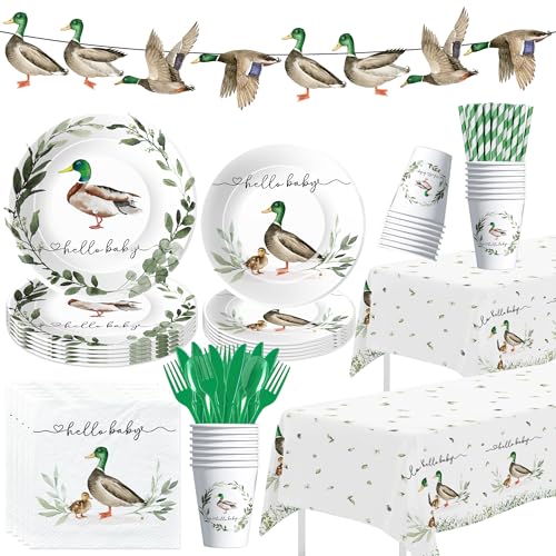 Srua Don Mallard Duck Baby Shower Decorations Duck Hunting Baby Shower Party Supplies Paper Plate Napkin Cup Tablecloth Banner Cutlery Serves 24 - Image 1