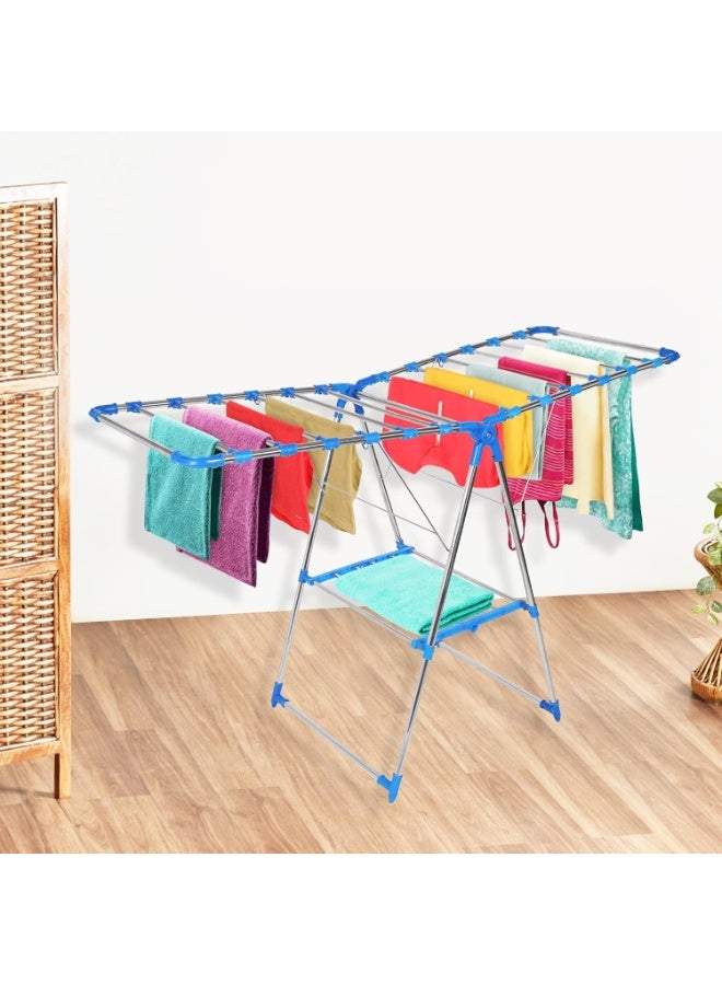 ديكور هيلز رف تجفيف الملابس بأجنحة قابلة للتعديل - حامل تجفيف ملابس قابل للطي - إطار فولاذي متين، 24 قضيب تعليق، 27 مشبكًا للجوارب والأشياء الصغيرة - مجفف داخلي وخارجي - أبيض-أزرق - Image 5