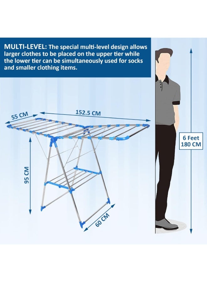 ديكور هيلز رف تجفيف الملابس بأجنحة قابلة للتعديل - حامل تجفيف ملابس قابل للطي - إطار فولاذي متين، 24 قضيب تعليق، 27 مشبكًا للجوارب والأشياء الصغيرة - مجفف داخلي وخارجي - أبيض-أزرق - Image 3
