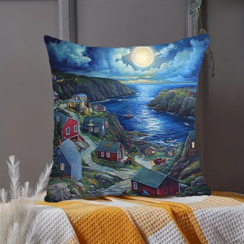 Newfoundland Coastal Lighthouse Scene 18x18 Inch Polyester Pillow Cover Zipper Closure Machine Washable - Image 1