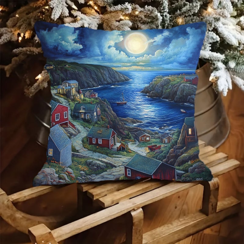 Newfoundland Coastal Lighthouse Scene 18x18 Inch Polyester Pillow Cover Zipper Closure Machine Washable - Image 4