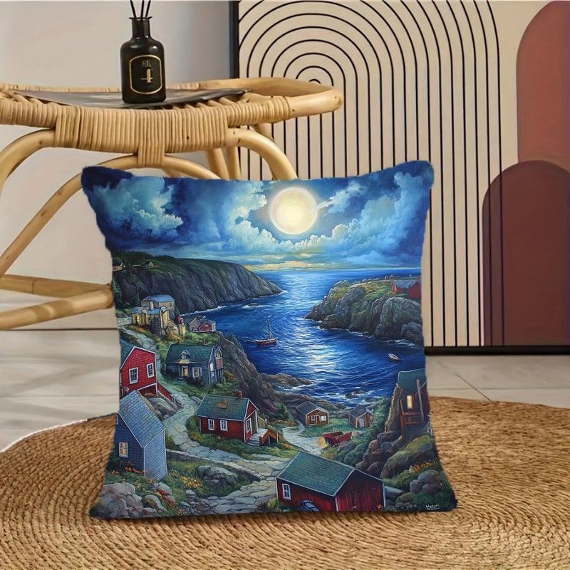 Newfoundland Coastal Lighthouse Scene 18x18 Inch Polyester Pillow Cover Zipper Closure Machine Washable - Image 2