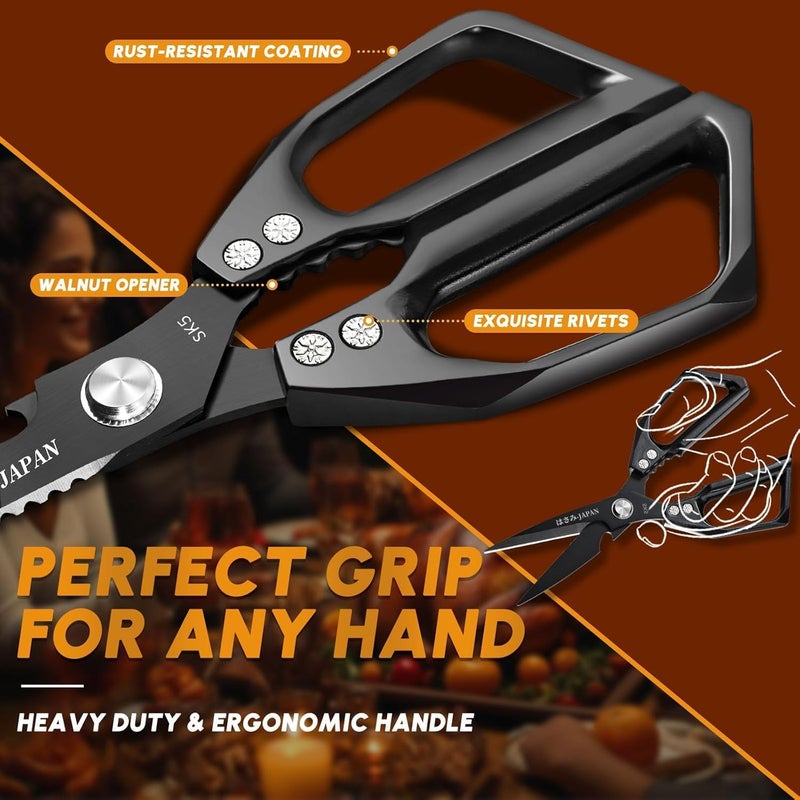 Huusk Kitchen Scissors Set Black - Stainless Steel Kitchen Shears, Sharp Meat Scissors Dishwasher Safe, Heavy Duty Poultry Shears All Purpose, Japanese Cooking Scissor for Food,Christmas Gifts for Men - Image 4