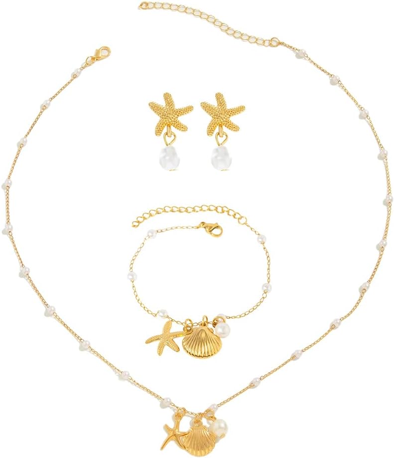 HANNEA® Necklace Set for Women Stylish Seashell Necklaces Earrings Jewelry Set for Woman Starfish Shell Pearl Necklace Irregular Jewelry Sets - Image 1