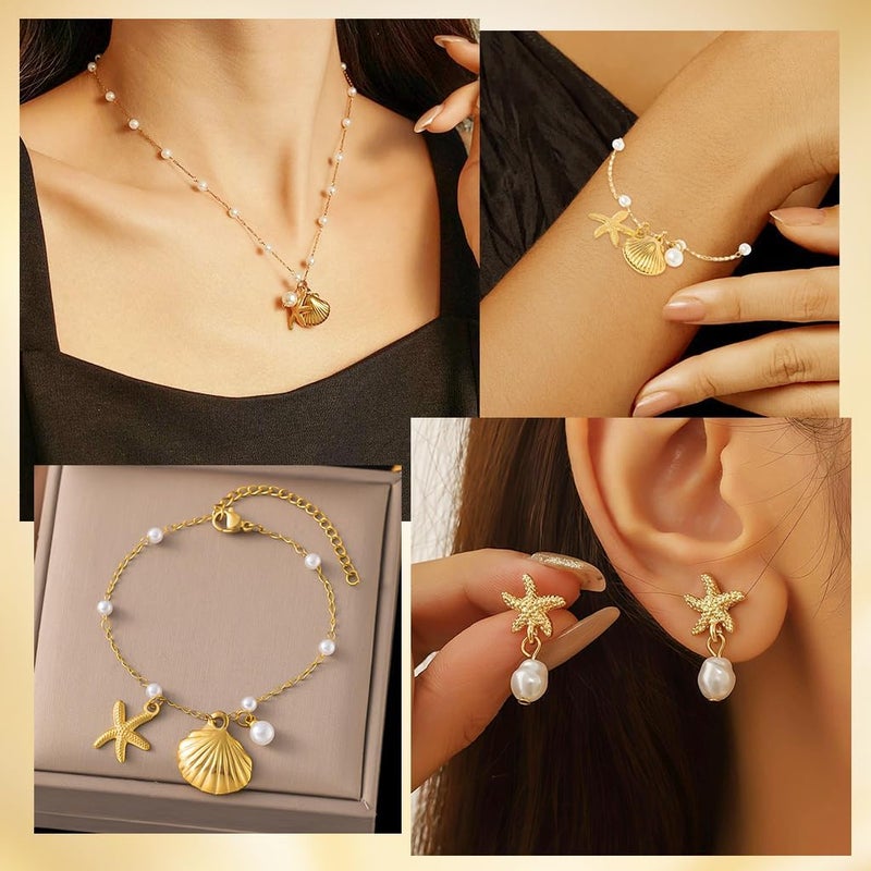 HANNEA® Necklace Set for Women Stylish Seashell Necklaces Earrings Jewelry Set for Woman Starfish Shell Pearl Necklace Irregular Jewelry Sets - Image 5