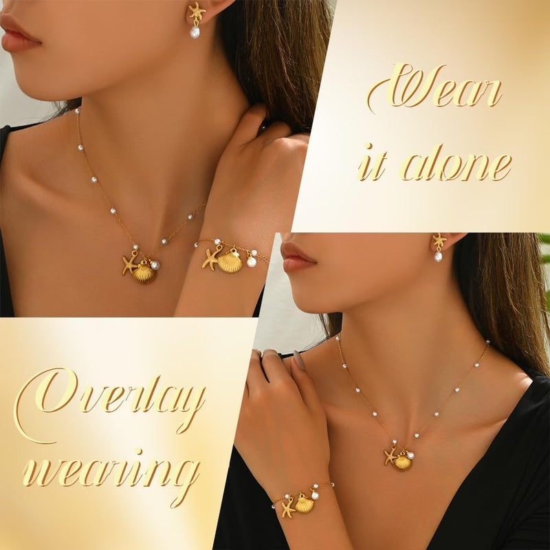 HANNEA® Necklace Set for Women Stylish Seashell Necklaces Earrings Jewelry Set for Woman Starfish Shell Pearl Necklace Irregular Jewelry Sets - Image 3