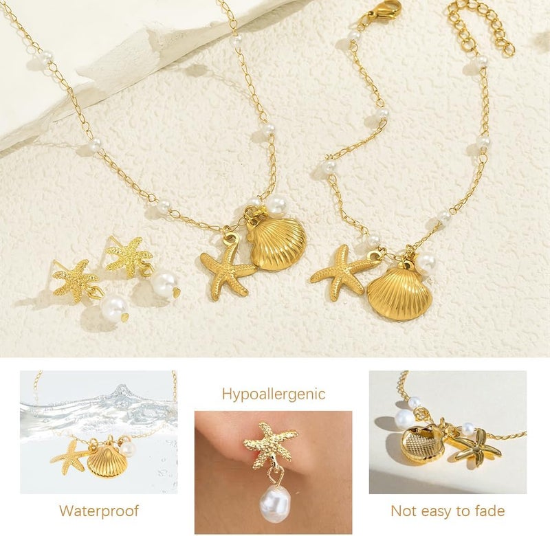 HANNEA® Necklace Set for Women Stylish Seashell Necklaces Earrings Jewelry Set for Woman Starfish Shell Pearl Necklace Irregular Jewelry Sets - Image 4