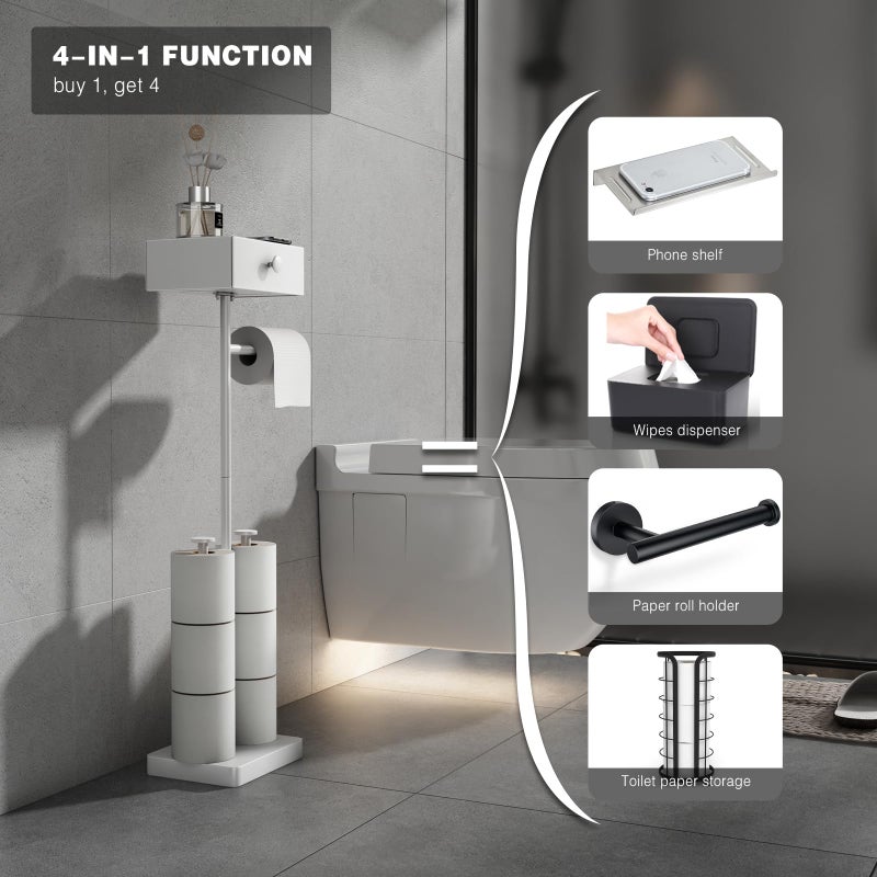 VOLDRA Toilet Paper Holder Stand with Shelf, Free Standing Toilet Paper Roll Holder with Wipes Storage Drawer Heavy Duty Floor Bathroom Tissue Holder Freestanding No Drill Tp Holder for 7 Rolls(White) - Image 3
