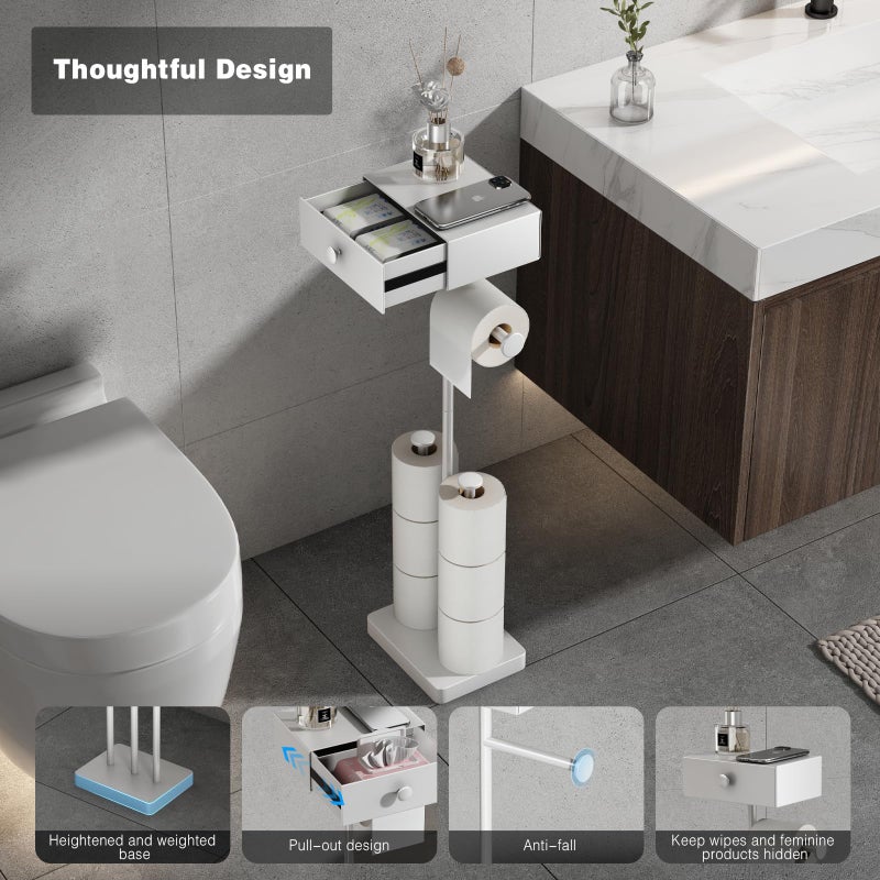 VOLDRA Toilet Paper Holder Stand with Shelf, Free Standing Toilet Paper Roll Holder with Wipes Storage Drawer Heavy Duty Floor Bathroom Tissue Holder Freestanding No Drill Tp Holder for 7 Rolls(White) - Image 2