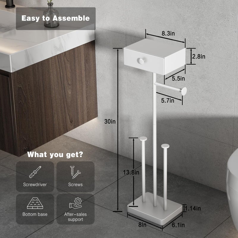 VOLDRA Toilet Paper Holder Stand with Shelf, Free Standing Toilet Paper Roll Holder with Wipes Storage Drawer Heavy Duty Floor Bathroom Tissue Holder Freestanding No Drill Tp Holder for 7 Rolls(White) - Image 5