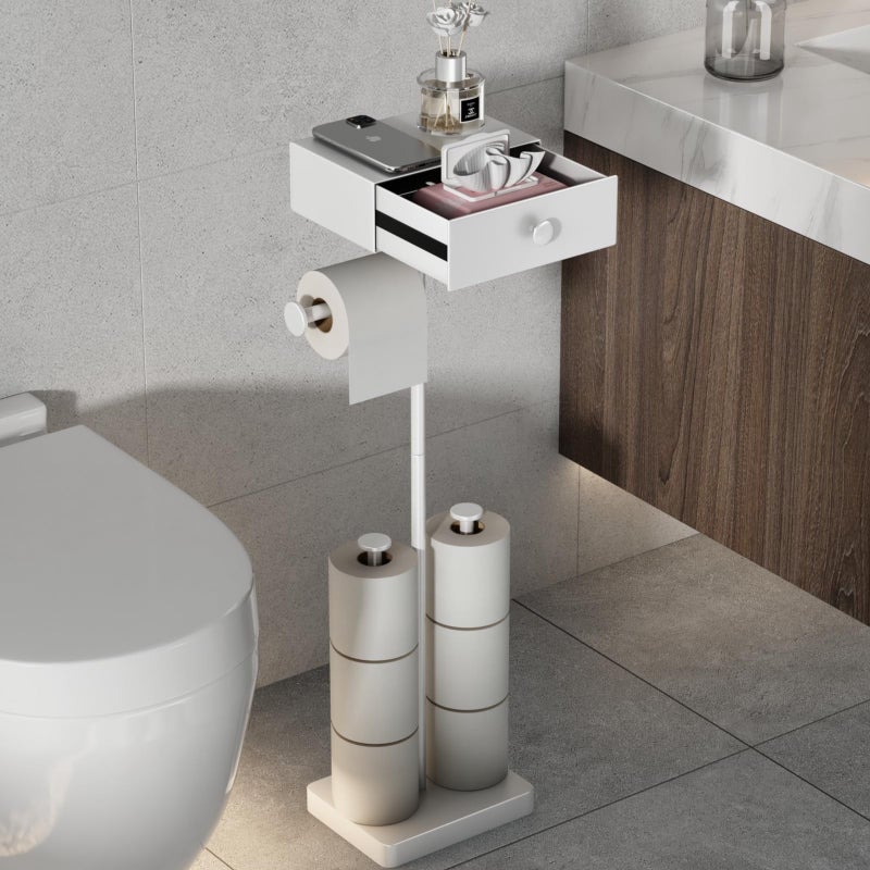 VOLDRA Toilet Paper Holder Stand with Shelf, Free Standing Toilet Paper Roll Holder with Wipes Storage Drawer Heavy Duty Floor Bathroom Tissue Holder Freestanding No Drill Tp Holder for 7 Rolls(White) - Image 1