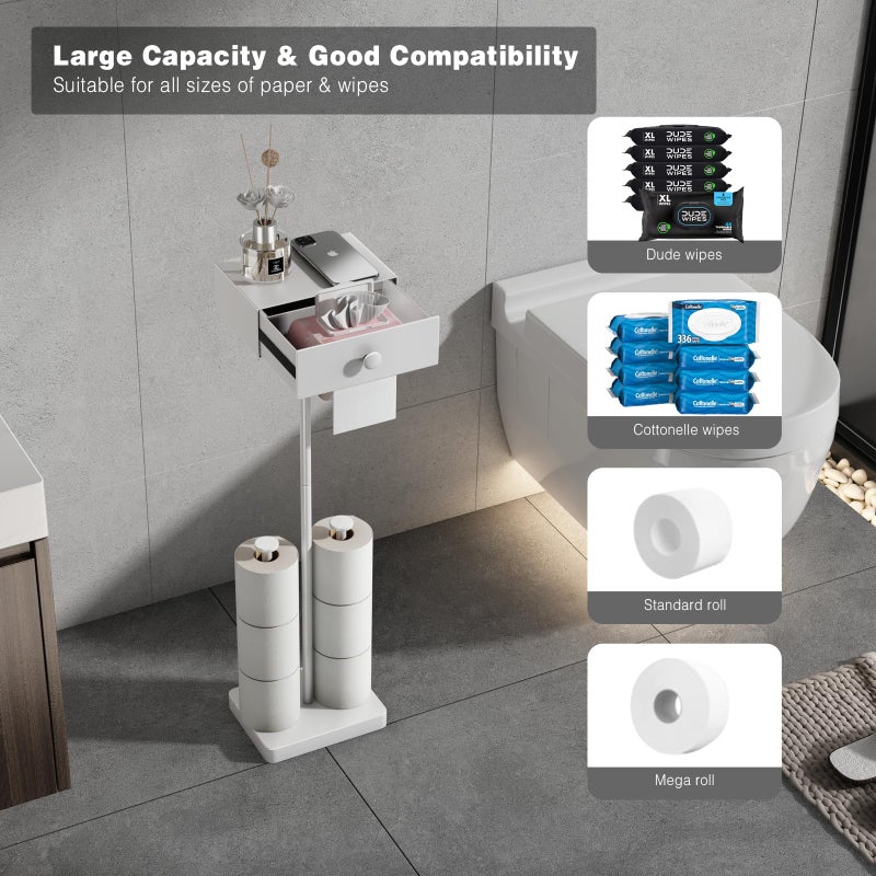 VOLDRA Toilet Paper Holder Stand with Shelf, Free Standing Toilet Paper Roll Holder with Wipes Storage Drawer Heavy Duty Floor Bathroom Tissue Holder Freestanding No Drill Tp Holder for 7 Rolls(White) - Image 4