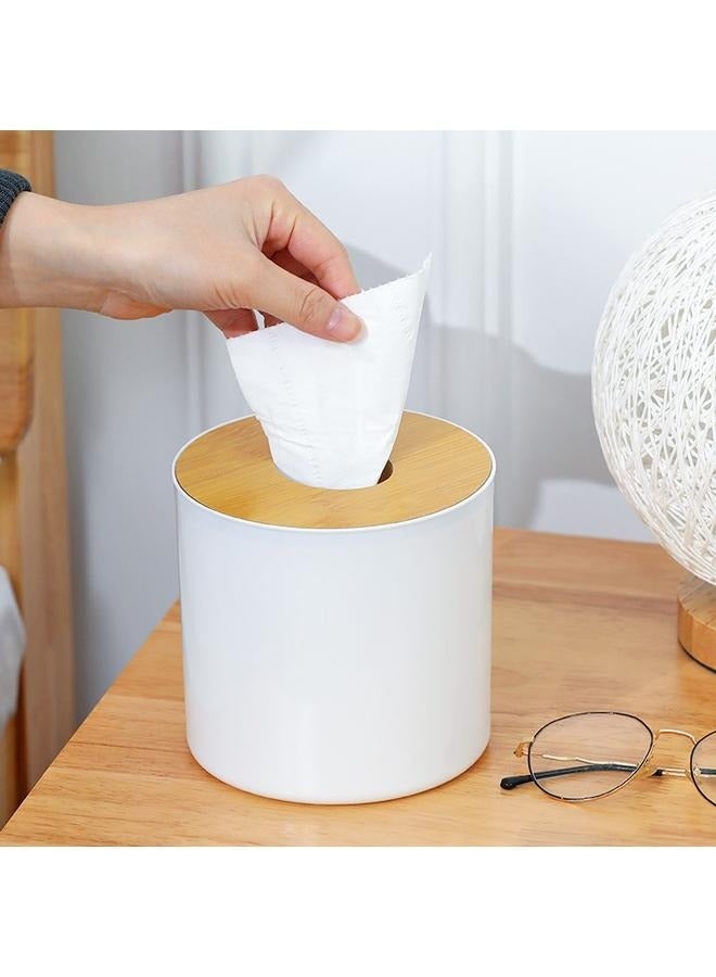 Circular Tissue Box Beige/white-Modern Round Wooden Tissue Box Cover Holder,Facial Tissue Holder Case Dispenser  - Image 2