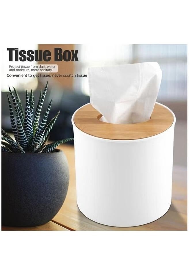 Circular Tissue Box Beige/white-Modern Round Wooden Tissue Box Cover Holder,Facial Tissue Holder Case Dispenser  - Image 5