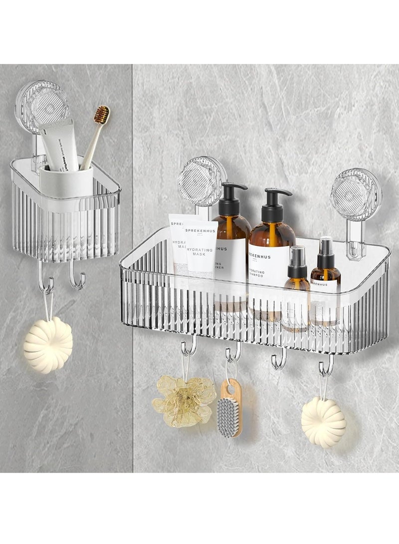 2Pcs Shower Caddy Suction Cup, Clear Corner Bathroom Storage Organization, NO-Drilling Removable Shower Shelf, Plastic Shower Basket Organizer, Shower Caddy Organizer Shelve Rack, Rustproof Waterproof