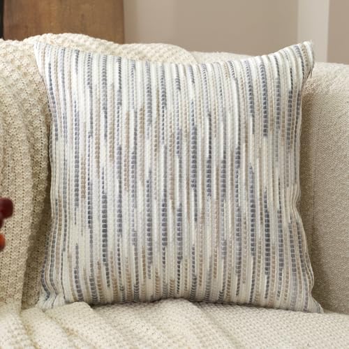 Aeckself Boho Striped Pillow Cover 20x20, Decorative Square Throw Pillow Cover Chenille Neutral Pillowcase for Couch Bedroom Living Room, Gray White - Image 2